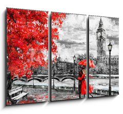 Obraz 3D tdln - 105 x 70 cm F_BB133948127 - oil painting on canvas, street of london. Artwork. Big ben. man and woman under an red umbrella. Tree. England. Bridge and river