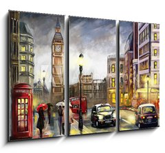 Obraz 3D tdln - 105 x 70 cm F_BB167015010 - oil painting on canvas, street view of london. Artwork. Big ben. couple and red umbrella, bus and road, telephone. Black car