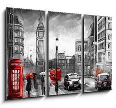 Obraz 3D tdln - 105 x 70 cm F_BB167015499 - oil painting on canvas, street view of london. Artwork. Big ben. couple and red umbrella, bus and road, telephone. Black car