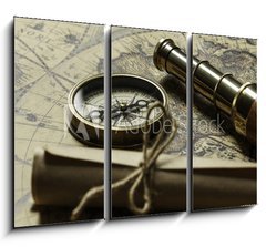 Obraz   Retro compass with old map and spyglass, 105 x 70 cm