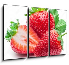 Obraz 3D tdln - 105 x 70 cm F_BB190279606 - Three strawberries with strawberry leaf on white background.