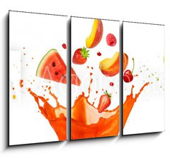 Obraz 3D tdln - 105 x 70 cm F_BB197062948 - mixed fruit falling into juices splashing on white background - smen ovoce spadajc do vy stkajc na blm pozad