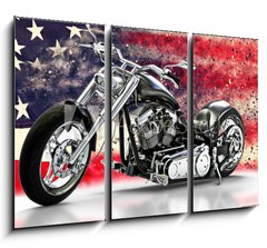 Obraz 3D tdln - 105 x 70 cm F_BB218075283 - Custom black motorcycle with American flag background with dispersion effects. Made in America concept. 3d rendering