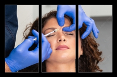 Obraz   Close up of beautician experts hands injecting botox in female forehead., 105 x 70 cm