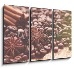 Obraz 3D tdln - 105 x 70 cm F_BB232714184 - Aromatic roasted coffee beans and anis or badian, sticks of natural cinnamon on  background close up