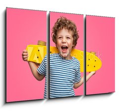 Obraz   Happy curly boy laughing and holding skateboard, 105 x 70 cm