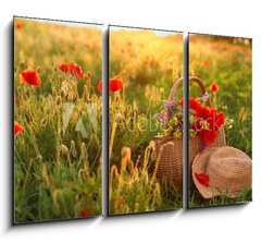 Obraz 3D tdln - 105 x 70 cm F_BB276027409 - Basket of wildflowers with straw hat in sunlit poppy field