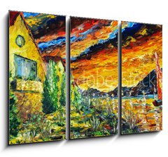 Obraz 3D tdln - 105 x 70 cm F_BB277362459 - Impressionism oil painting landscape paint art Red sea ship, scarlet sails, sunset over mountains, yellow