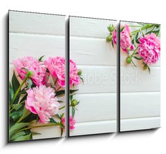 Obraz 3D tdln - 105 x 70 cm F_BB313371368 - Pink peony flowers on white wooden table. womans day or wedding background. Top view.