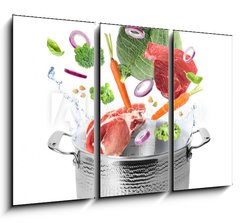 Obraz 3D tdln - 105 x 70 cm F_BB320560675 - Many different ingredients falling into pot on white background. Delicious recipe
