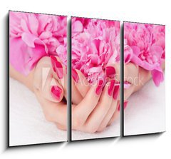 Obraz 3D tdln - 105 x 70 cm F_BB32966573 - Woman cupped hands with pink manicure holding a flower - ena pokrila ruce s rovou manikru drc kvtinu