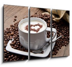 Obraz 3D tdln - 105 x 70 cm F_BB35054088 - Coffee cup with burlap sack of roasted beans on rustic table