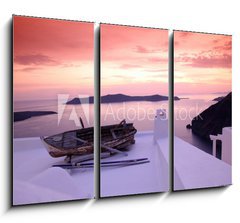 Obraz   Santorini with boat on white roof against sunset in Greece, 105 x 70 cm