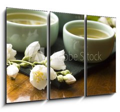 Obraz 3D tdln - 105 x 70 cm F_BB42047983 - Green tea with jasmine in cup and teapot on wooden table