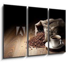 Obraz   Coffee cup with burlap sack of roasted beans on rustic table, 105 x 70 cm