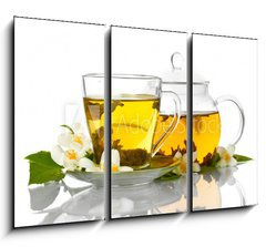 Obraz 3D tdln - 105 x 70 cm F_BB42891887 - green tea with jasmine in cup and teapot isolated on white