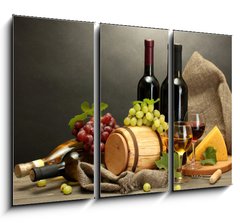 Obraz 3D tdln - 105 x 70 cm F_BB42933709 - barrel, bottles and glasses of wine, cheese and ripe grapes