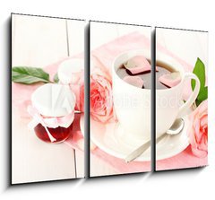 Obraz 3D tdln - 105 x 70 cm F_BB45499429 - cup of tea with roses and jam on white wooden table