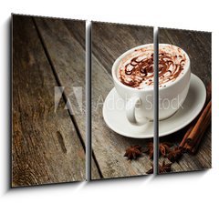 Obraz 3D tdln - 105 x 70 cm F_BB46093962 - coffee cup and beans, cinnamon sticks, nuts and chocolate on woo - lek kvy a fazole, skoice, oechy a okolda na woo