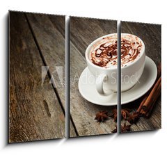 Obraz 3D tdln - 105 x 70 cm F_BB46093962 - coffee cup and beans, cinnamon sticks, nuts and chocolate on woo