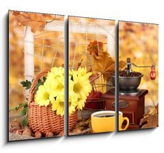Obraz 3D tdln - 105 x 70 cm F_BB46892212 - autumnal composition:coffee grinder, flowers  and leaves