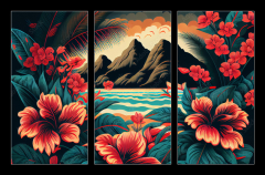 Obraz 3D tdln - 105 x 70 cm F_BB557498662 - Hawaiian style pattern with hibiscus flowers and lush vegetation ideal for exotic backgrounds