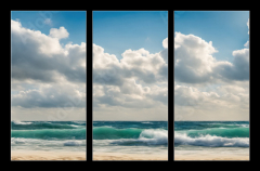 Obraz 3D tdln - 105 x 70 cm F_BB629716136 - Ocean coast panorama in calm weather with small waves, blue sky, white clouds and bright sun. Seascape illustration. Generative AI