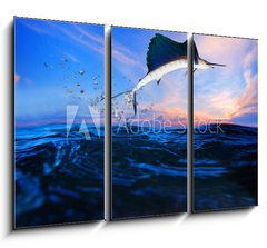 Obraz 3D tdln - 105 x 70 cm F_BB65260791 - sailfish flying over blue sea ocean - plachetnice ltn pes modr mosk ocen