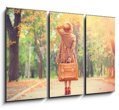 Obraz   Redhead girl with suitcase in the autumn park., 105 x 70 cm