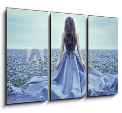 Obraz   Back view of standing young woman in blue dress, 105 x 70 cm