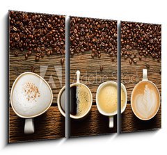 Obraz 3D tdln - 105 x 70 cm F_BB70894369 - Variety of cups of coffee and coffee beans on old wooden table