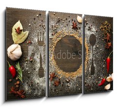 Obraz 3D tdln - 105 x 70 cm F_BB73223520 - Spices on table with cutlery silhouette, close-up