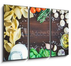 Obraz   Pasta ingredients: conchiglioni,mushrooms, a jug of cream, olive, 105 x 70 cm