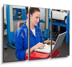 Obraz 3D tdln - 105 x 70 cm F_BB76801995 - Mechanic working on a laptop - Mechanik pracujc na penosnm potai