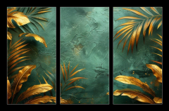 Obraz 3D tdln - 105 x 70 cm F_BB790822272 - An elegant gold decoration art wallpaper. Modern art with nature. Golden leaves, plants and bamboo of curvature of the line, green background.