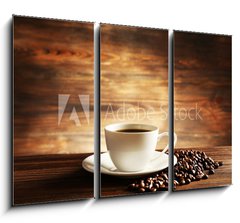 Obraz 3D tdln - 105 x 70 cm F_BB81865478 - Cup of coffee with grains on wooden background - lek kvy se zrny na devnm pozad