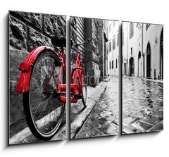 Obraz 3D tdln - 105 x 70 cm F_BB95275197 - Retro vintage red bike on cobblestone street in the old town. Color in black and white - Retro vinobran erven kolo na dldn ulici ve starm mst. Barva ern a bl