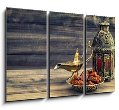 Obraz 3D tdln - 105 x 70 cm F_BB97000675 - Ramadan lamp and dates on wooden background. Oriental lantern