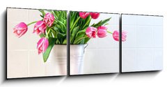Obraz 3D třídílný - 150 x 50 cm F_BM11553582 - Pink tulips in white metal container
