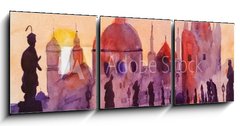 Obraz 3D třídílný - 150 x 50 cm F_BM120336963 - Prague Charles Bridge at sunset, watercolor painting, the last rays of the setting sun, statues and lilac, red and purple tones - Pražský Karlův most při západu slunce, akvarel, poslední paprsky zapadajícího slunce, sochy a šeřík, červené a fialové tóny