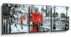 Obraz 3D třídílný - 150 x 50 cm F_BM120793610 - oil painting, street view of london. Artwork, Black, white and red, big ben - olejomalba, pohled na Londýn. Kresba, černá, bílá a červená, big ben