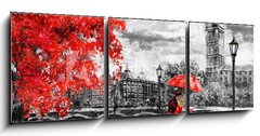 Obraz 3D třídílný - 150 x 50 cm F_BM133948127 - oil painting on canvas, street of london. Artwork. Big ben. man and woman under an red umbrella. Tree. England. Bridge and river - olejomalba na plátně, londýnská ulice. Umělecká díla. Big ben. muž a žena pod červeným deštníkem. Strom. Anglie. Most a řeka