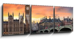 Obraz 3D třídílný - 150 x 50 cm F_BM134727682 - Farbenfroher Sonnenuntergang hinter dem Big Ben und der Westminster Brcke - Barevný západ slunce za mostem Big Ben a Westminster