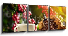 Obraz 3D tdln - 150 x 50 cm F_BM136057023 - Cup of coffee with smoke and coffee beans in burlap sack on coff