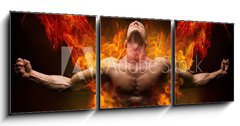 Obraz 3D třídílný - 150 x 50 cm F_BM137170627 - On fire bodybuilder - V ohni kulturista