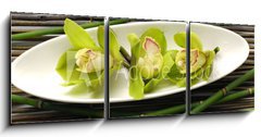 Obraz 3D třídílný - 150 x 50 cm F_BM14430473 - bowl of orchid with bamboo on mat - miska orchideje s bambusem na podložce