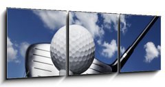 Obraz 3D třídílný - 150 x 50 cm F_BM16573670 - Golf club and ball in grass - Golfový klub a míč v trávě