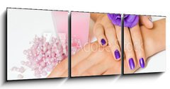 Obraz 3D tdln - 150 x 50 cm F_BM16907510 - Hands with purple manicure and flower, pink candle and beads - Ruce s purpurovou manikourou a kvtinou, rovou svkou a korlky