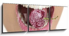 Obraz 3D tdln - 150 x 50 cm F_BM17169172 - Cherry with sugar between woman teeth