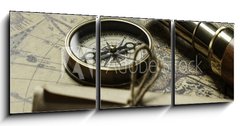 Obraz 3D tdln - 150 x 50 cm F_BM178287897 - Retro compass with old map and spyglass - Retro kompas se starou mapou a spyglassem